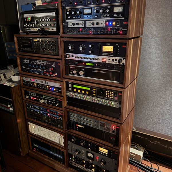 Walnut racks and a custom stand for an Ampex 440